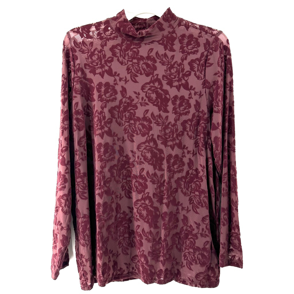 TORRID Burgundy FLORAL Mock Neck Long Sleeve SHEER Top WOMENS PLUS SIZE 0 12 14 - Picture 2 of 8